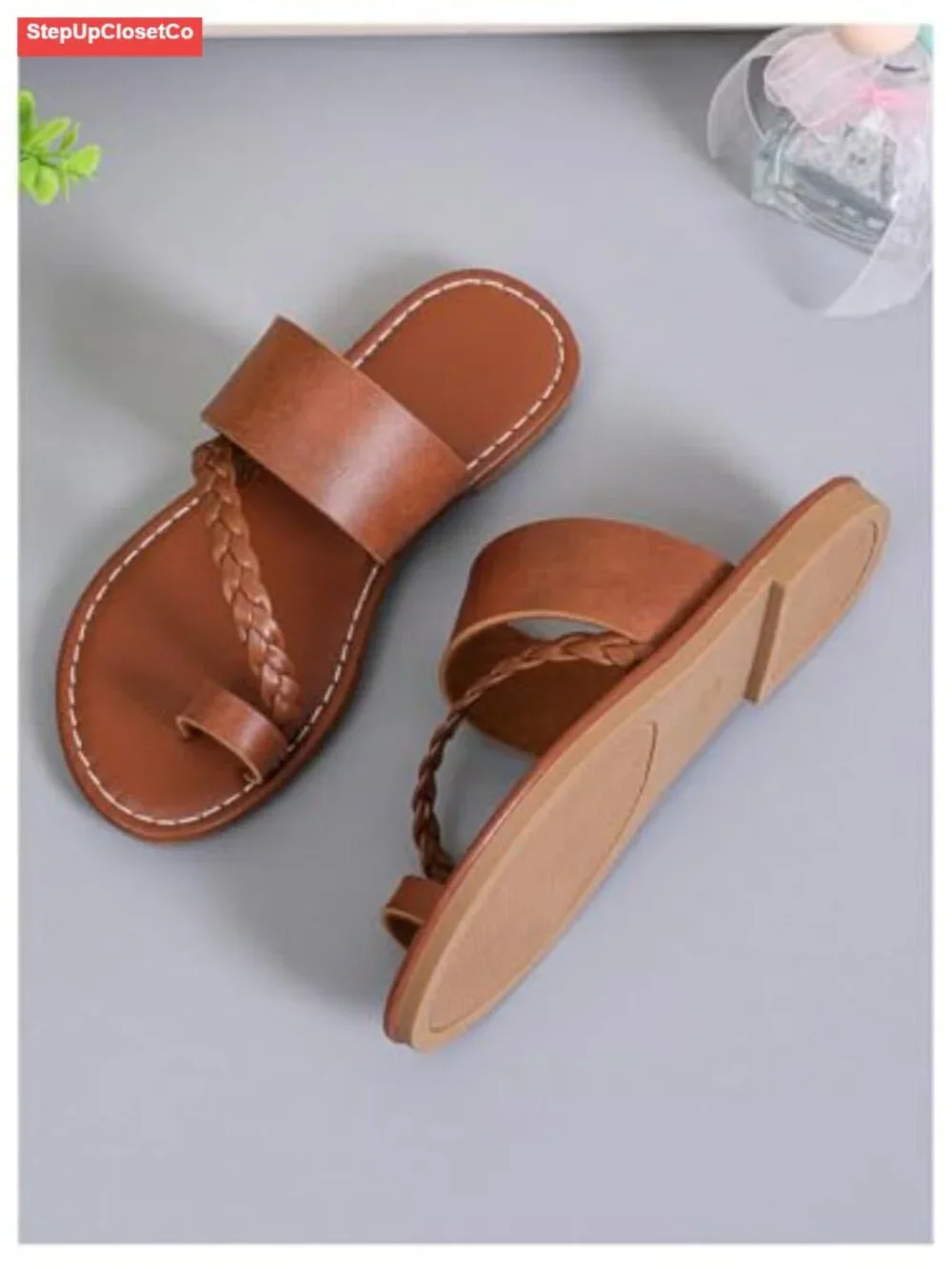 Girl's Strappy Leather Flats Sandal Braided Toe Ring Slip On Slide Sandals